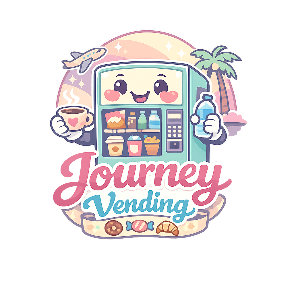 Whimsical logo for Journey Vending with smiling vending machine character in pastel colors