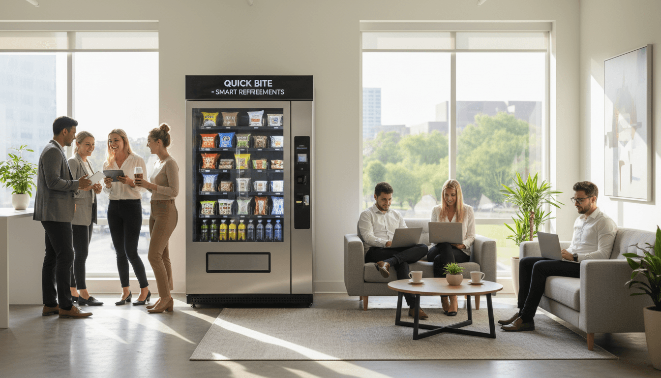 Modern office break room with vending machines and employees