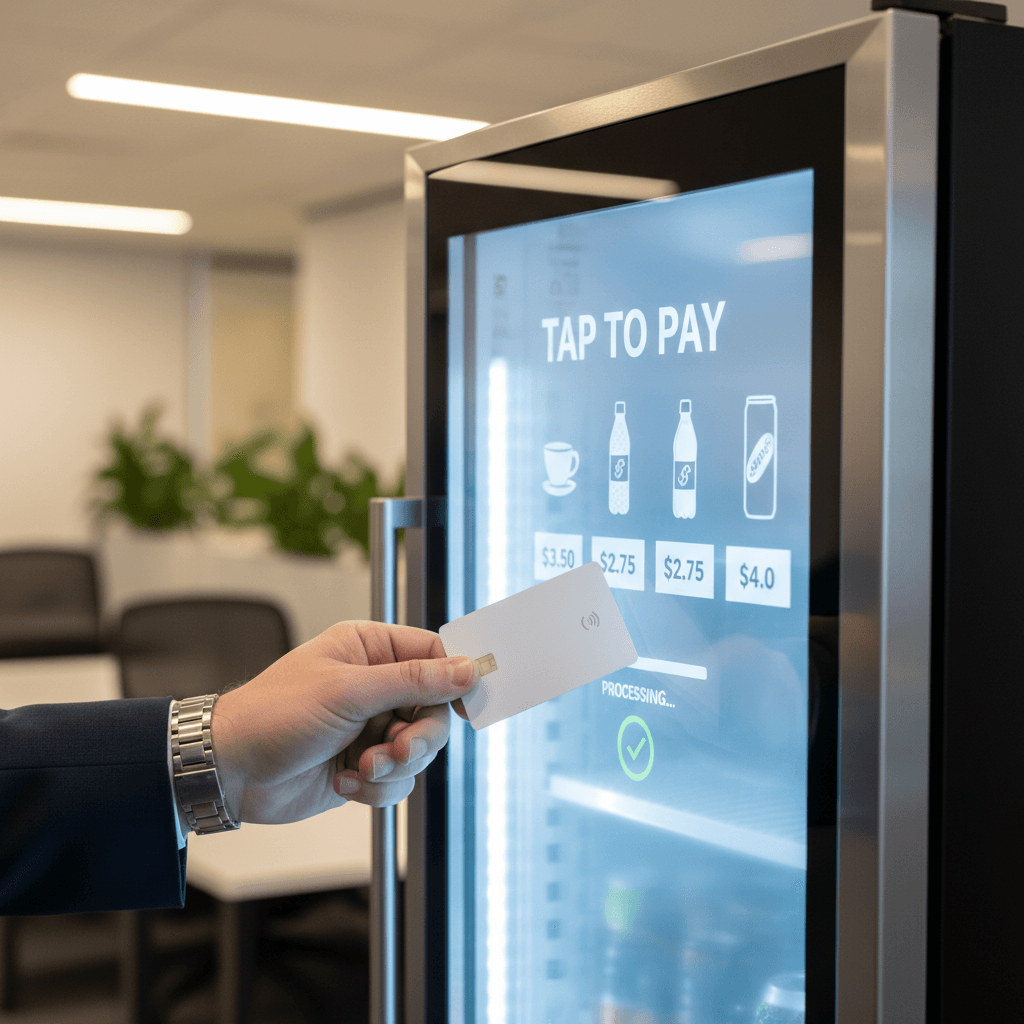 Hand making contactless payment at illuminated digital cooler touchscreen in modern office break room